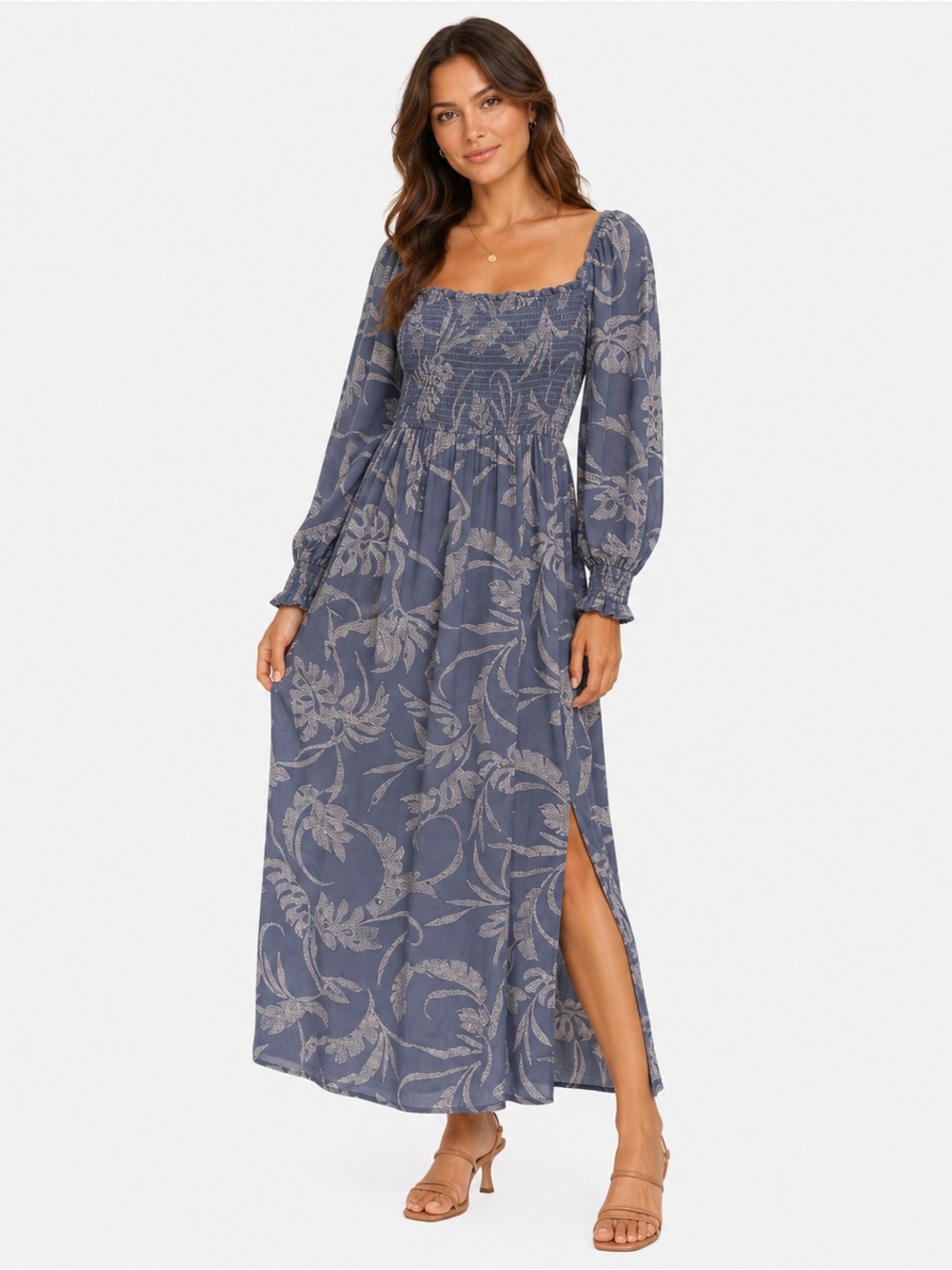 NLT Made In LA Smocked Maxi Dress Blue Floral Square Neck Long Sleeve Rayon S